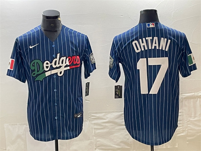 Men's Los Angeles Dodgers #17 Shohei Ohtani Navy Cool Base With Patch Stitched Baseball Jersey